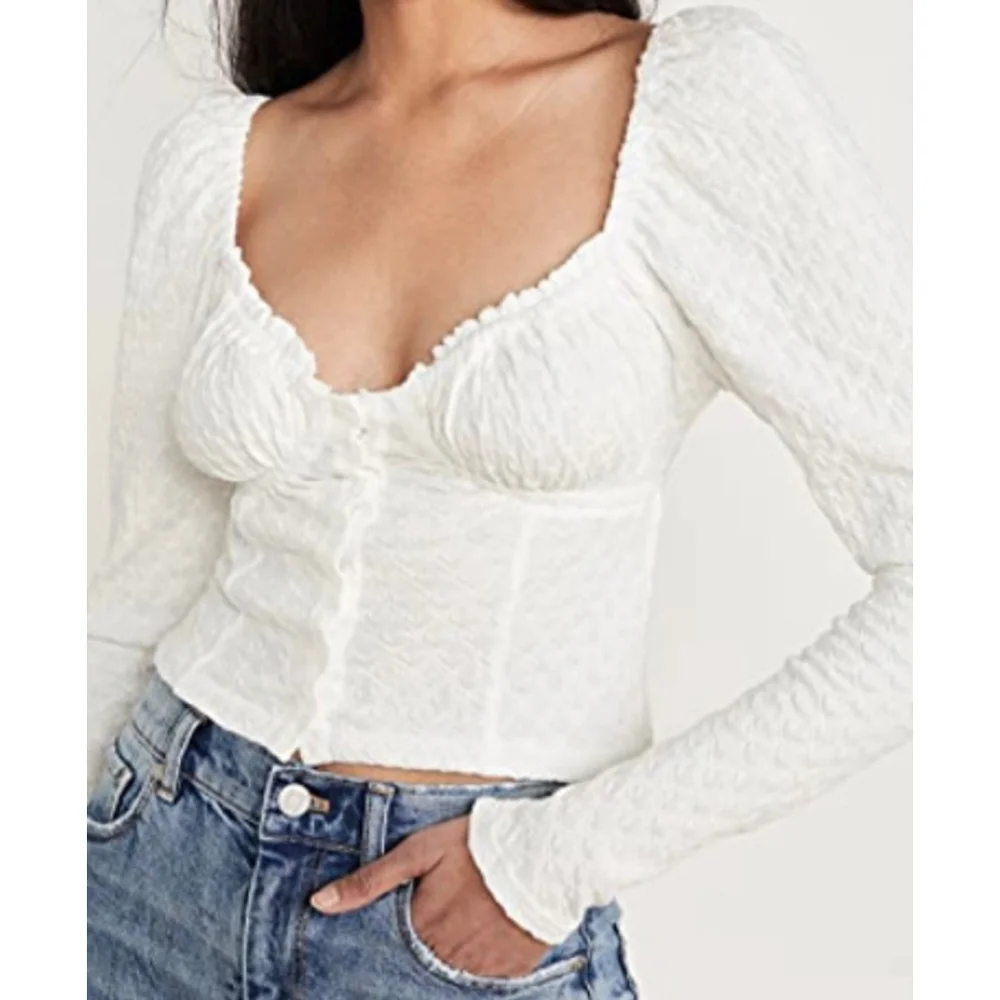 Women's Free People White Milkmaid Textured Long Sleeve Blouse L